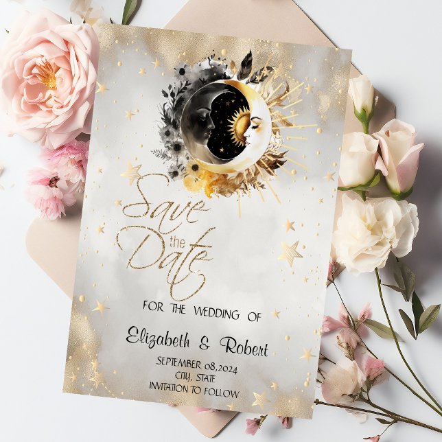 Save The Date Étoiles Lunes Fleurs Or Céleste (Créateur téléchargé)