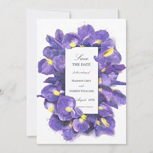 Save The Date Étonnant violet Irises Aquarelle Floral Mariage (Devant)