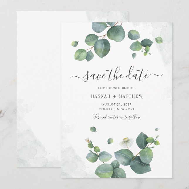 Save The Date Eucalyptus Aquarelle Écriture Verdure Botanique (Devant / Derrière)