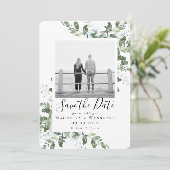 Save The Date Eucalyptus Aquarelle Mariage Enregistrer La Date (Debout devant)