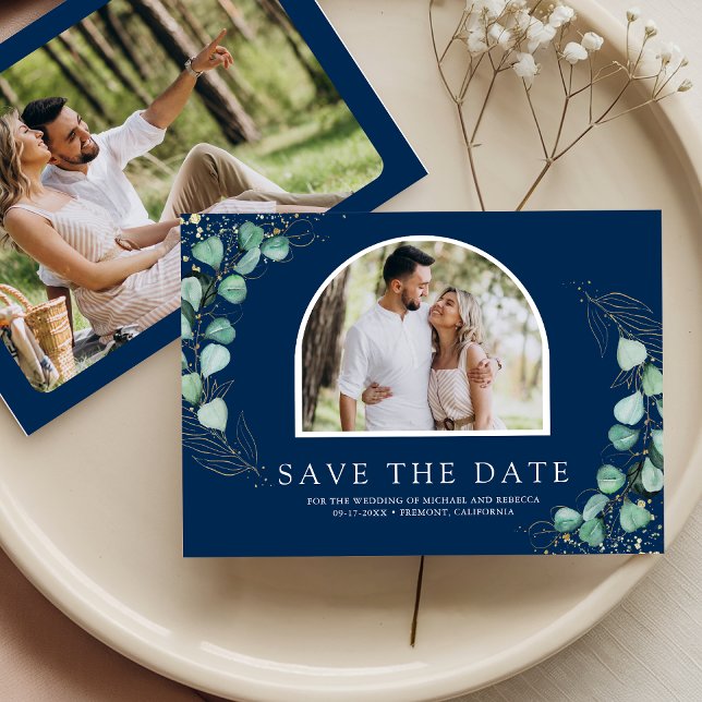 Save The Date Eucalyptus Arch Photo Navy Blue Wedding (Créateur téléchargé)