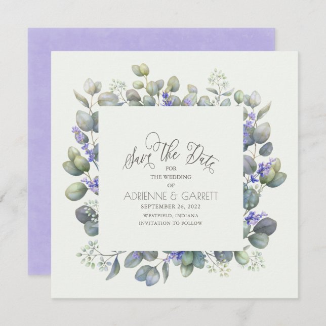 Save The Date Eucalyptus avec Lavender Flowers Carré Mariage (Devant / Derrière)