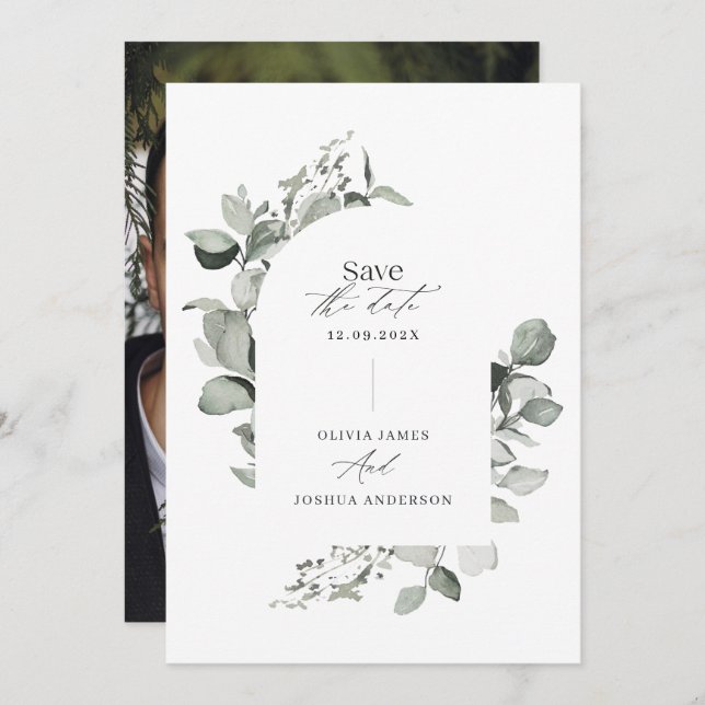 Save The Date Eucalyptus botanique élégant photo simple mariage (Devant / Derrière)