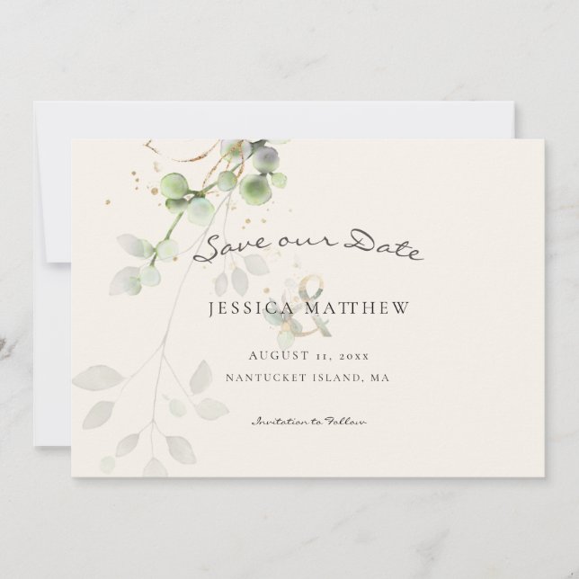 Save The Date Eucalyptus d'aquarelle moderne | Gold Mariage Ecru (Devant)
