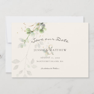 Save The Date Eucalyptus d'aquarelle moderne Gold Mariage Ecru