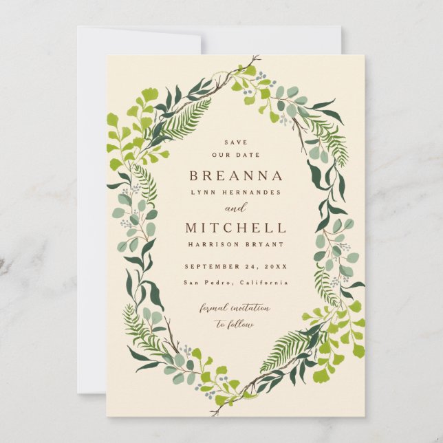 Save The Date Eucalyptus de Fern Crème Mariage à la main (Devant)