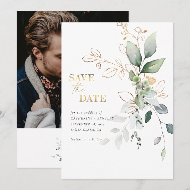 Save The Date Eucalyptus doux avec photo dorée (Devant / Derrière)