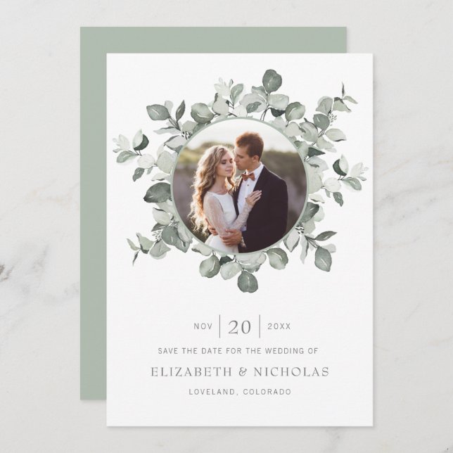 Save The Date Eucalyptus Enregistrer La Date Mariage Photo (Devant / Derrière)