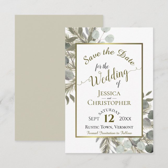 Save The Date Eucalyptus et Mariage de pin rustique Boho (Devant / Derrière)