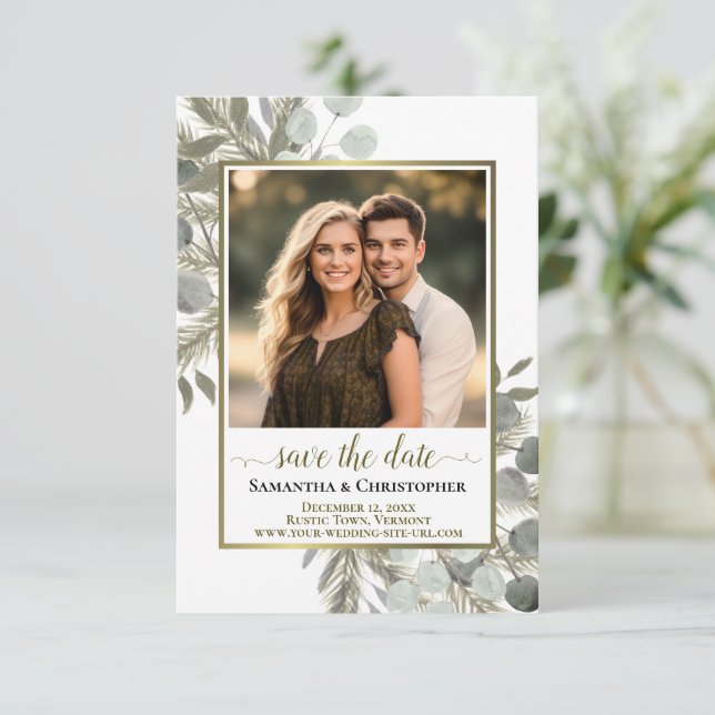 Save The Date Eucalyptus et Mariage photo de pin rustique (Debout devant)