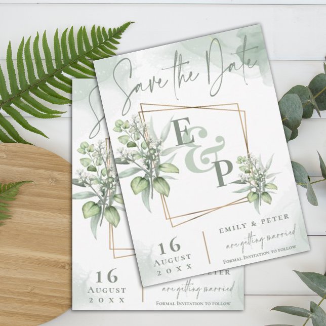 Save The Date Eucalyptus Feuille Gold Frame Mariage de verdure (Créateur téléchargé)