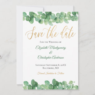 Save The Date Eucalyptus Feuille Gold Green tendance élégant