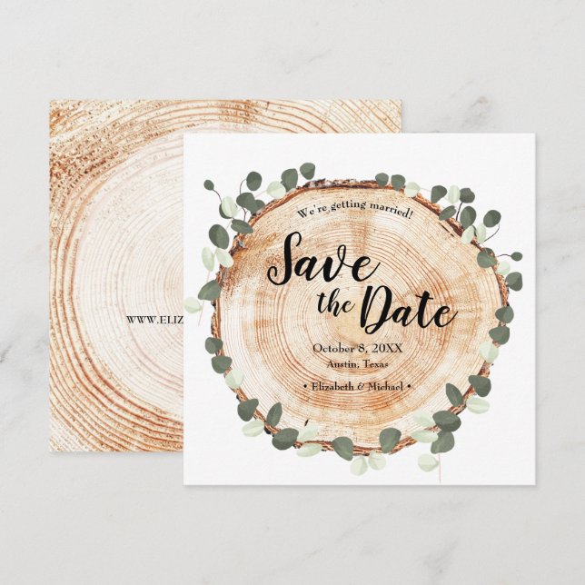 Save The Date Eucalyptus feuilles et le site de Mariage de bois  (Devant / Derrière)