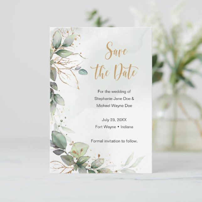 Save The Date Eucalyptus Feuilles mariage Enregistrer la date (Debout devant)
