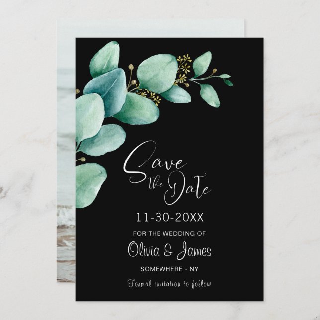 Save The Date Eucalyptus Feuilles Photo personnalisée Mariage no (Devant / Derrière)