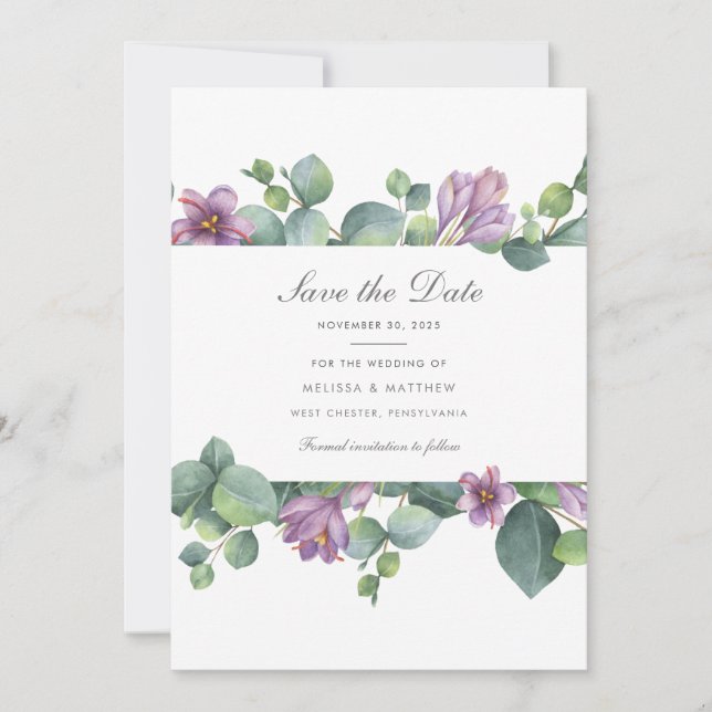 Save The Date Eucalyptus Floral Succulent Vert Pourpre (Devant)