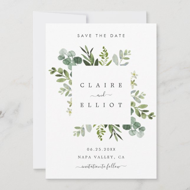 Save The Date Eucalyptus Foliage Carré Cadre Enregistrer la cart (Devant)