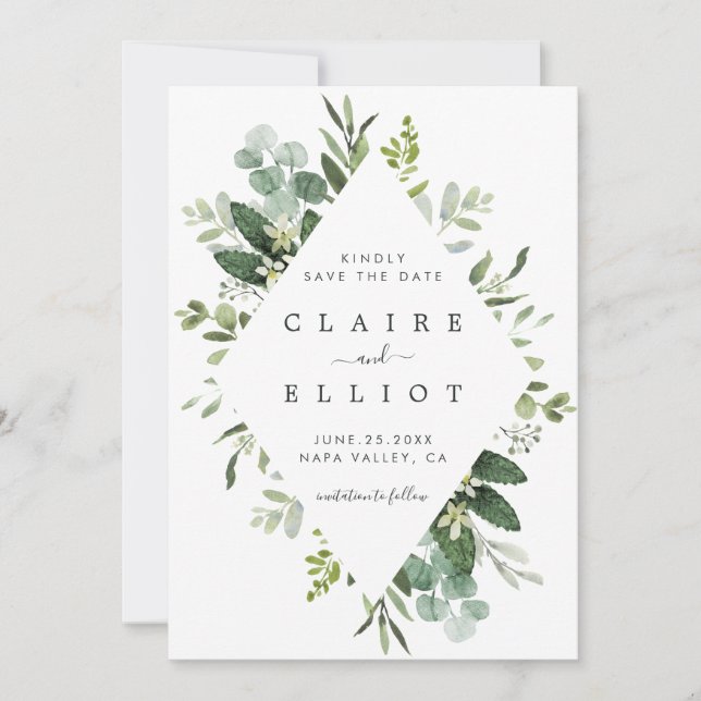 Save The Date Eucalyptus Foliage Diamond Frame Enregistrer la da (Devant)