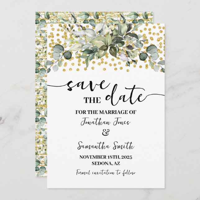 Save The Date Eucalyptus Gold Enregistrer le Mariage de date (Devant / Derrière)