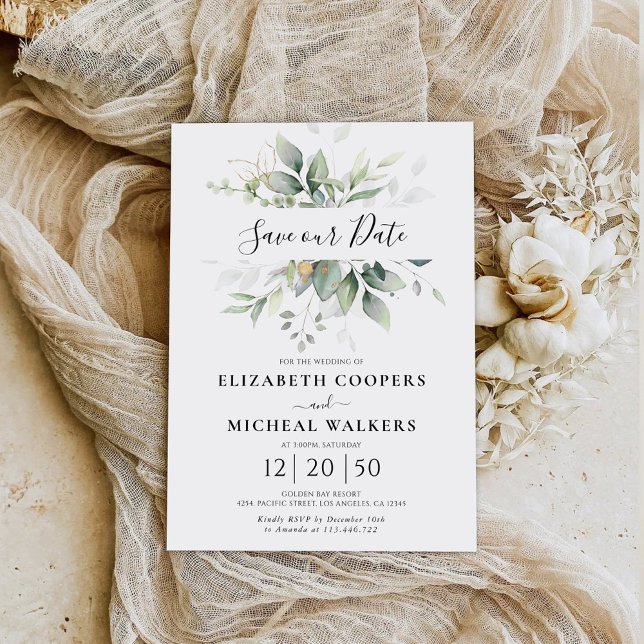 Save The Date Eucalyptus Gold Floral Green Enregistrer notre car (Créateur téléchargé)