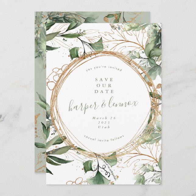 Save The Date Eucalyptus Golden Boho Moderne Automne Pampas Cerc (Devant / Derrière)