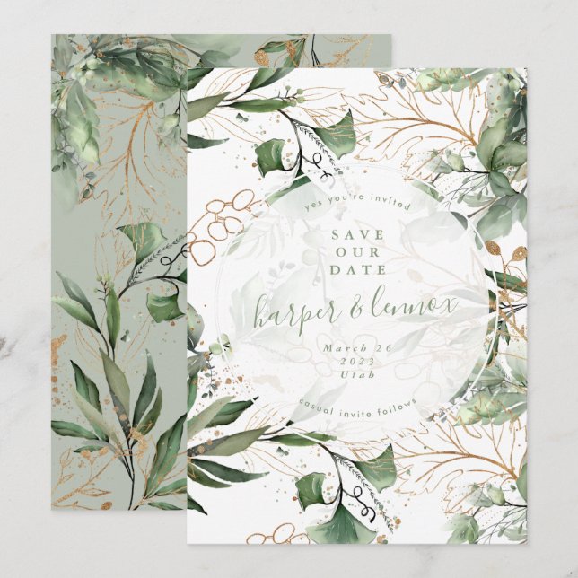 Save The Date Eucalyptus Golden Boho moderne automne Pampas Circ (Devant / Derrière)