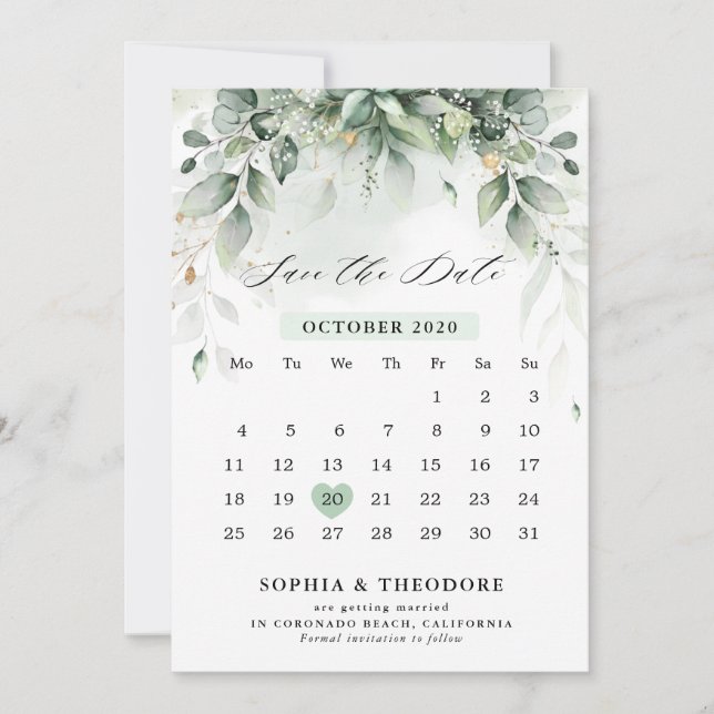 Save The Date Eucalyptus Gomme verte Botanique Calendrier rustiq (Devant)