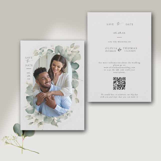 Save The Date Eucalyptus Green Dreamy Mariage photo moderne (modern minimalist simple wedding save the date typography calligraphy eucalyptus greenery frame chic)