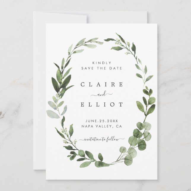 Save The Date Eucalyptus Green Foliage Wreath Enregistrer la car (Devant)