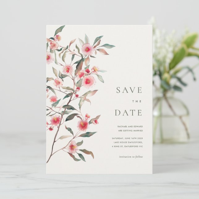 Save The Date Eucalyptus Mariage de verdure et de fleurs roses (Debout devant)