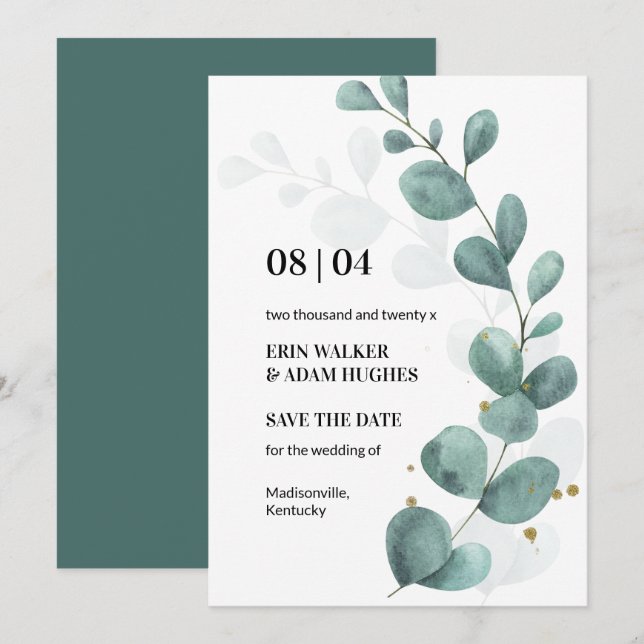 Save The Date Eucalyptus moderne Vert Mariage d'aquarelle Enregi (Devant / Derrière)