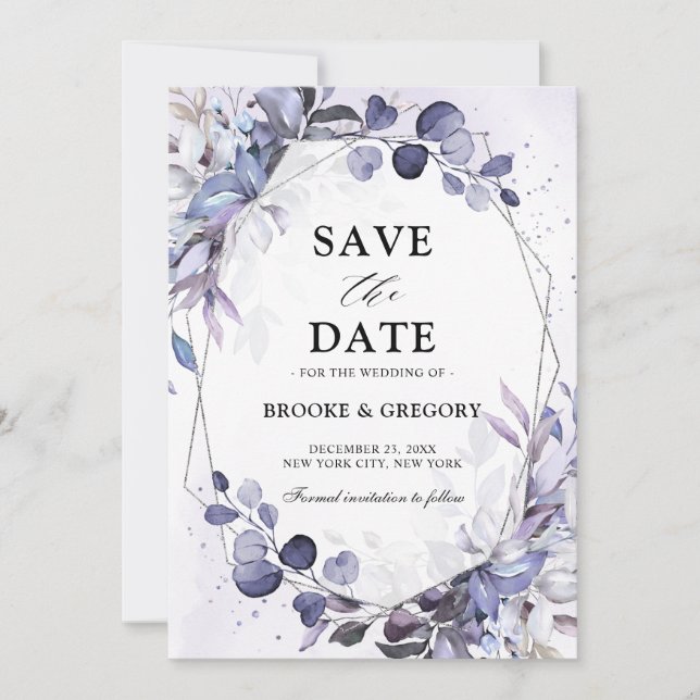 Save The Date Eucalyptus Periwinkle violet Mariage géométrique (Devant)
