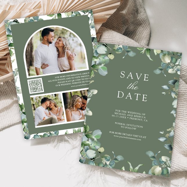 Save The Date Eucalyptus Photo Code QR Sage Vert Mariage (Créateur téléchargé)