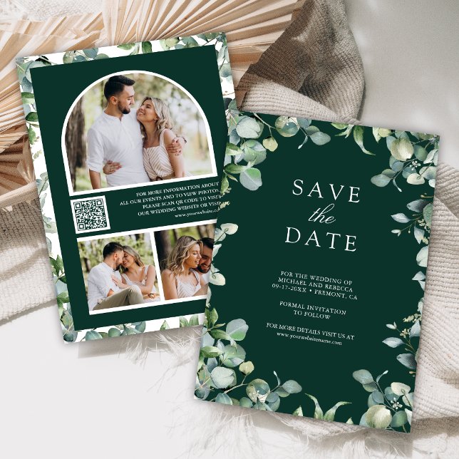 Save The Date Eucalyptus Photo QR Code Emerald Green Wedding (Créateur téléchargé)