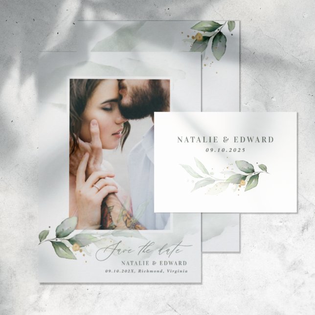 Save The Date Eucalyptus photo vert moderne élégant mariage écon (Créateur téléchargé)