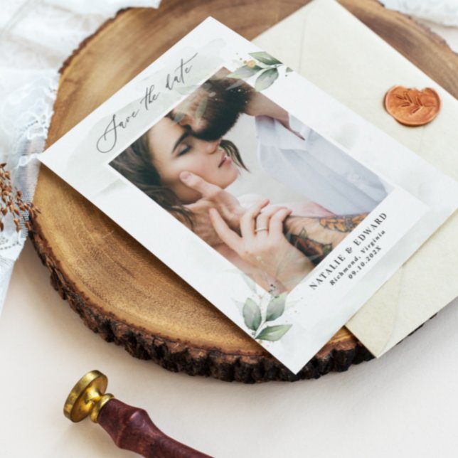 Save The Date Eucalyptus photo vert moderne mariage élégant (Créateur téléchargé)