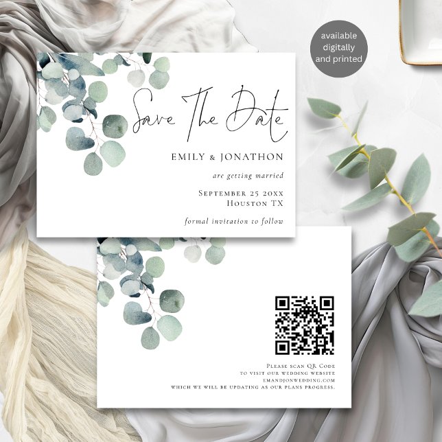 Save The Date Eucalyptus QR Code Script (Front and back view)