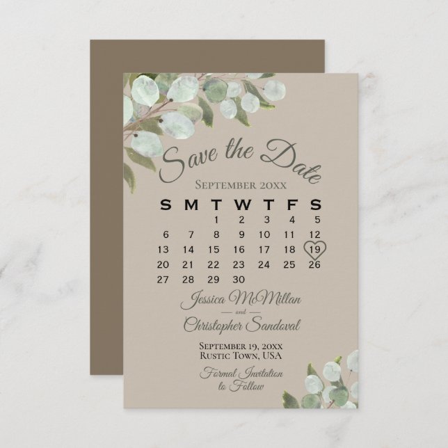 Save The Date Eucalyptus Rustique Calendrier vert Tan Mariage (Devant / Derrière)