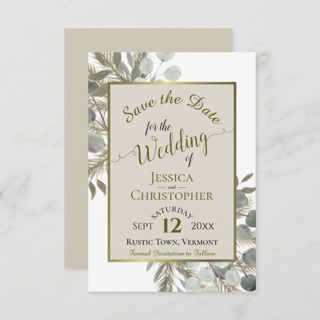 Save The Date Eucalyptus Rustique et Mariage de teinte de pin (Devant / Derrière)