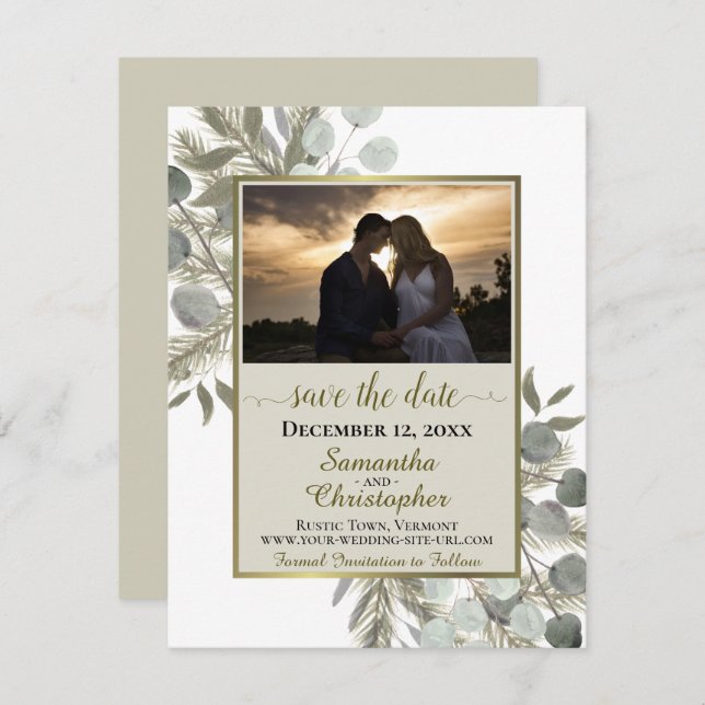 Save The Date Eucalyptus rustique et pin avec Mariage photo (Devant / Derrière)