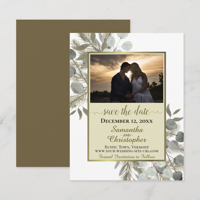 Save The Date Eucalyptus rustique et pin avec photo Mariage or (Devant / Derrière)