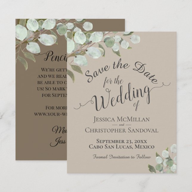Save The Date Eucalyptus Rustique Feuille Tan Mariage (Devant / Derrière)