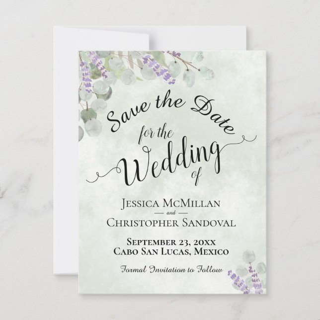 Save The Date Eucalyptus rustique & Lavender Elégant Mariage Sag (Devant)