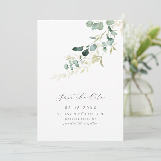 Save The Date Eucalyptus rustique vert sauge verdure boho (Debout devant)