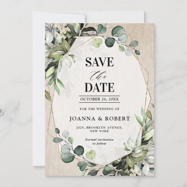 Save The Date Eucalyptus Sage Verdure Mariage géométrique modern (Devant)