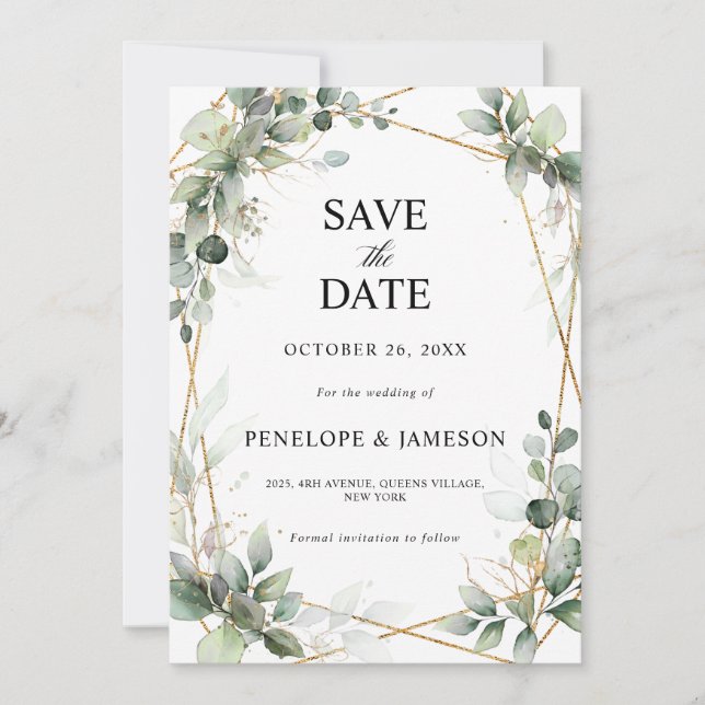 Save The Date Eucalyptus Verdure Botanique Mariage géométrique (Devant)