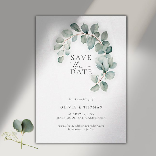 Save The Date Eucalyptus Verdure moderne Wreath Mariage élégant (modern simple wedding save the date typography calligraphy eucalyptus whimsical wreath)