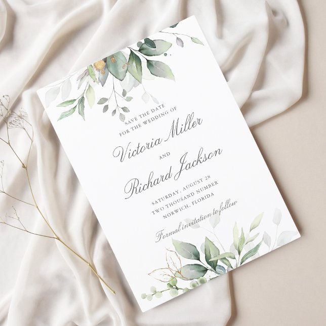 Save The Date Eucalyptus Verdure Or Feuilles mariage élégant (Créateur téléchargé)