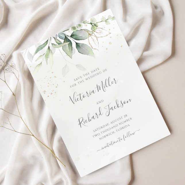 Save The Date Eucalyptus Verdure Or Feuilles mariage élégant (Créateur téléchargé)