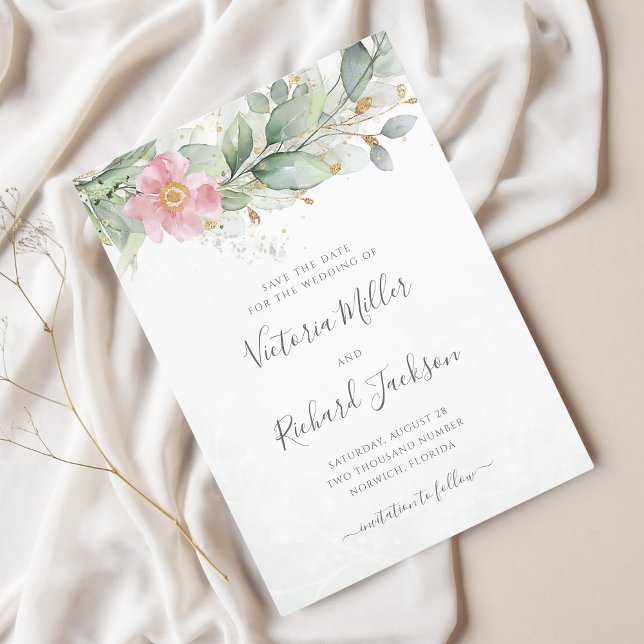 Save The Date Eucalyptus Verdure Or Floral Élégant Mariage (Créateur téléchargé)